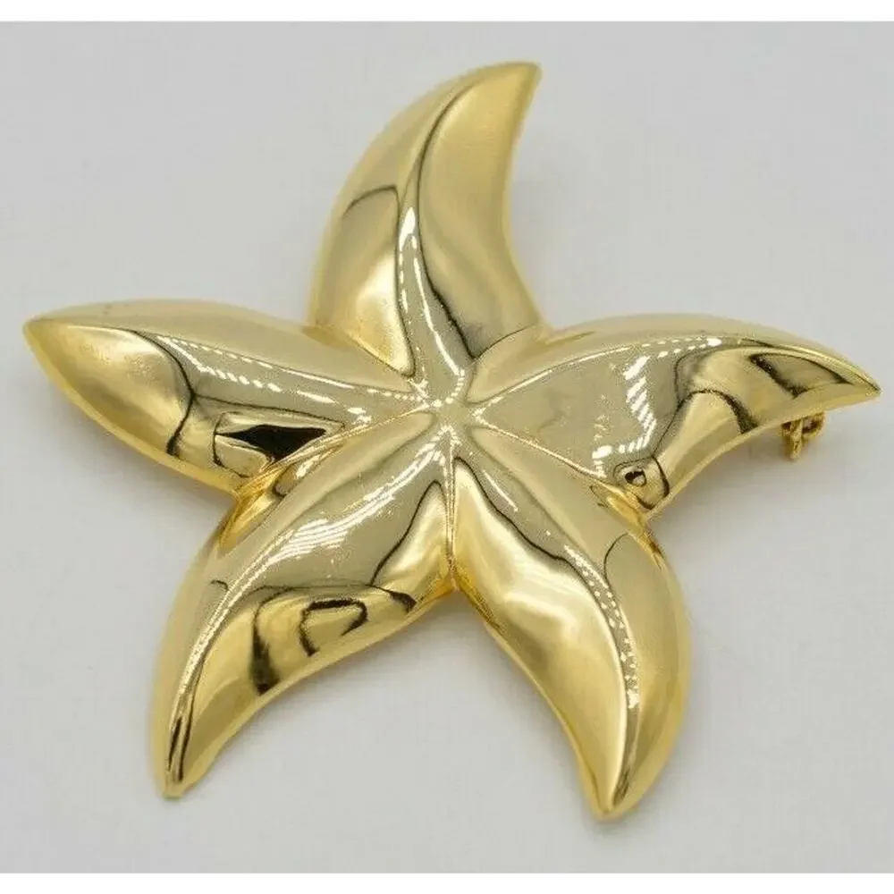 Vintage Star Flower Pin Brooch Large Starfish Gold Tone Chunky NOS 1980s 9B